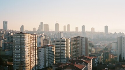 Obraz premium An urban landscape with tall buildings and a hazy sunrise sky, capturing the essence of a city waking up.