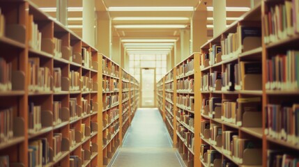 A well-lit library showcases endless rows of bookshelves filled with books, inviting knowledge and exploration.