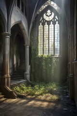 Obraz premium Gespenstischer Lost Place, verlassene Ruine einer alten Villa, Generative AI
