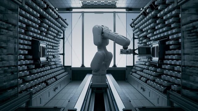 Cleanroom with Automated Enterprise Data Management and Storage Solution with High Precision Robot Arm. Futuristic Storage and Handling Room with Robotic Arm at High-Tech Factory.Inside Datacenter.