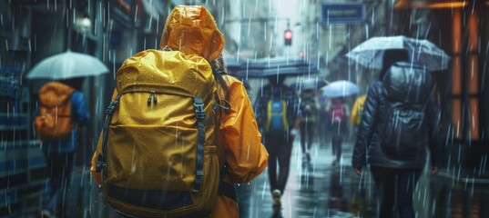 Obraz premium Rainy Day School Commute: Students with Waterproof Backpacks Braving the Elements