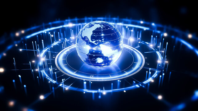 A globe with a blue background and a circle of lights, background, blue planet earth, earth in space