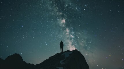 Fototapeta premium A solitary silhouette stands on a rugged mountain peak, illuminated by the vibrant Milky Way, evoking a sense of wonder under the expansive night sky.