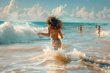 Young girl runs into ocean at the beach