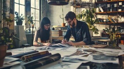 A creative workspace with two individuals collaborating amidst scattered design materials, embodying innovation and teamwork.