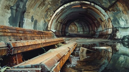An atmospheric scene of an abandoned tunnel featuring decayed walls, rusty metal, and puddles of water reflecting its haunting beauty.