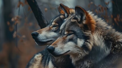 A portrait of a two wolves with closed eyes