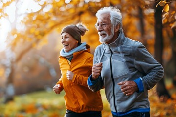 Naklejka premium A cheerful senior couple jogging in a park