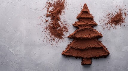 A delicate Christmas tree shape created with cocoa powder on a light gray background, sparking a festive and joyful mood.