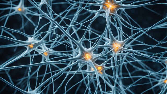 close up of human brain, neurons firing, neural extensions, cognitive learning plasticity. Detailed close up of human brain showing neurons firing and neural extensions in action