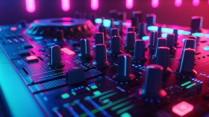 A colorful DJ console, with its vibrant buttons and neon lights, exudes an electrifying atmosphere, ready to pump life into any party or music event.
