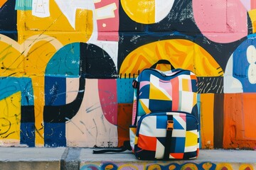 Colorful Teen School Backpack with Geometric Pattern Against Vibrant Urban Mural Background