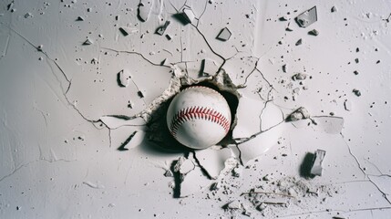 A baseball is embedded in shattered concrete, showing a raw illustration of force and impact in sports.