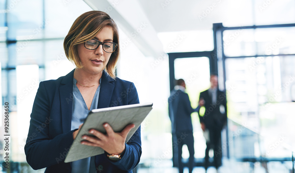 Poster business woman, connection and tablet for reading email, communication and networking in office. fem
