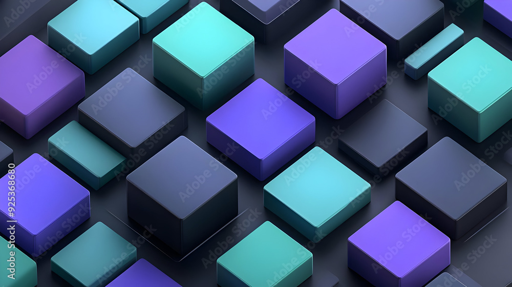Poster a vibrant arrangement of 3d cubes in various shades, creating a visually appealing pattern.