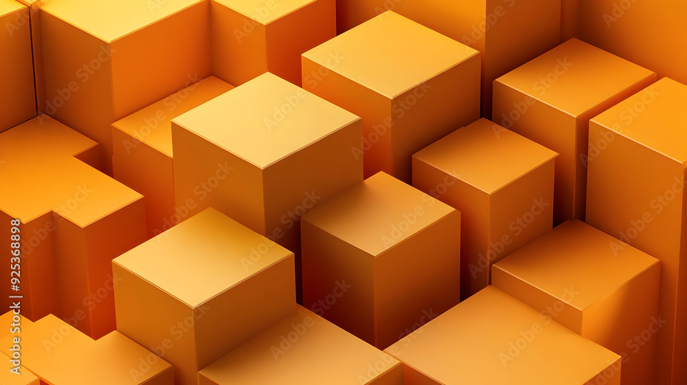 Poster a vibrant arrangement of 3d orange cubes creating a dynamic geometric pattern.