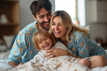 Obraz premium Happy family in pajamas having fun together in bedroom