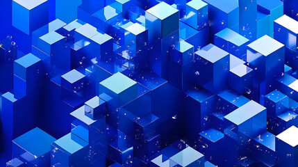 A vibrant arrangement of blue 3D cubes creating a dynamic geometric landscape.