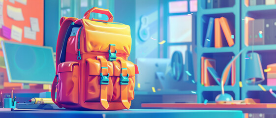 Modern School Backpack Filled with Gadgets and Supplies in a Tech-Enhanced Classroom Setting