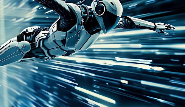 A futuristic robot flying in the air, wearing white and black armor with blue lights on its body, dynamic pose, motion blur background, speed lines, hyper-realistic, detailed texture