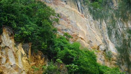 An image of a rocky cliff with a mix of gray and reddish hues, surrounded by greenery.
