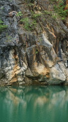 An image of a rocky cliff with a mix of gray and reddish hues, surrounded by greenery.