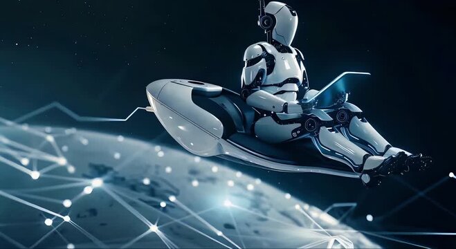 A white humanoid robot with no face, sitting on top of an electric mouse ski in space, holding onto the front bar and flying through outer space