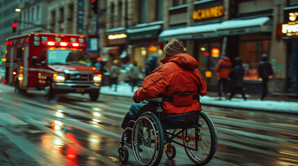 Naklejka premium A man in a wheelchair rides along the road at a pedestrian crossing. Movement concept, disability.