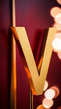 golden letter "V" stands prominently against a rich, deep red background. The letter is illuminated by warm light, with soft, round bokeh effects in the background