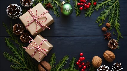 happy new year and Merry Christmas background decorated by gift box, spruce, xmas balls, gold stars and candy cane.