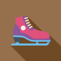 Pink ice skate with long shadow is standing on brown background