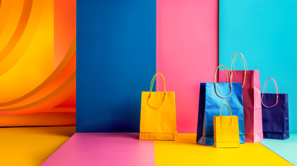 Assorted shopping bags in colorful setting