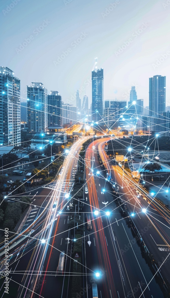 Poster smart city evening traffic with visible mobile network signals showcasing advanced urban technology 