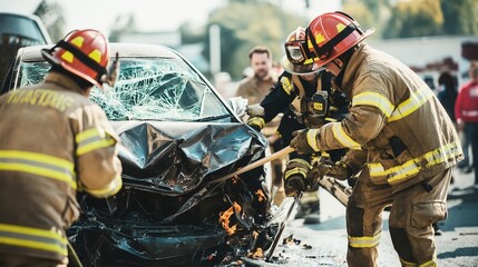 Firefighters in protective gear working diligently to rescue a trapped individual from a severely damaged vehicle after a collision on a bustling road.