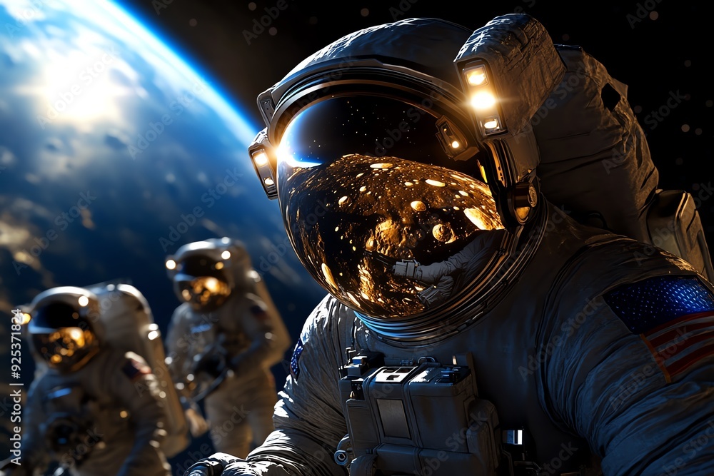 Aufkleber Astronauts in space suits explore outer space with Earth in the background, highlighting the adventure and mystery of space exploration.