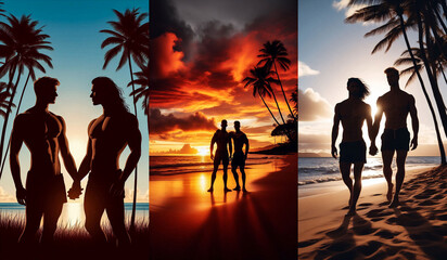 Three panels depict distinct silhouetted gay lovers in various beach locations. The scenes depict gay romance and tranquillity, with the sun sinking in the backdrop.