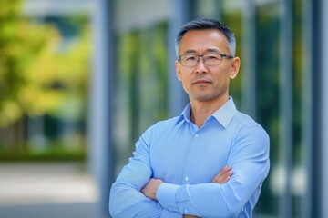 Mature Scientist Serious. Asian Man as Businessman and Educator Standing Outdoors with Crossed Arms