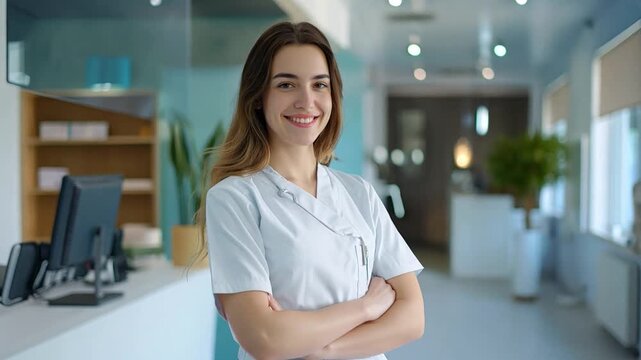 A healthcare worker lady smiles warmly while standing at the reception desk of a contemporary clinic
