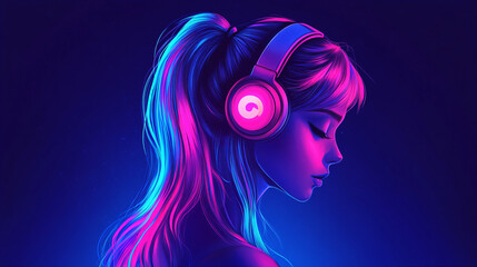 Neon Girl Listening to Music.