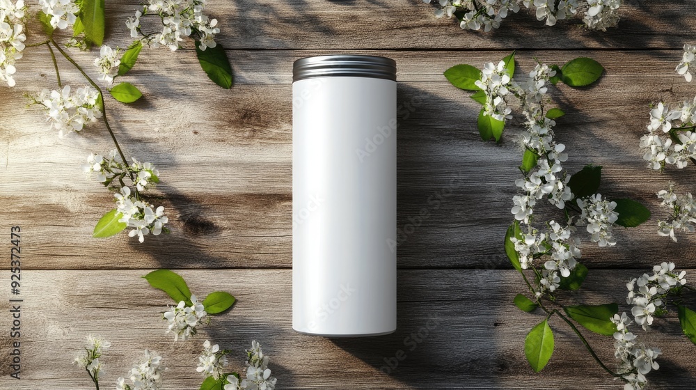 Poster mockup tumbler. dye sublimation 3d rendering on wooden table. add your own image and background desi