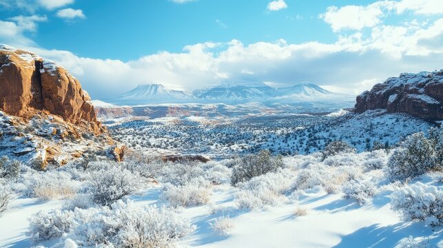 Moab Winter. Horizontal Landscape of Snow-covered Rocks in Utah Desert