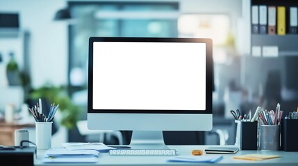 Naklejka premium High-Resolution Image of Modern iMac Pro on White Desk with Stylish Office Supplies for Creative Professionals and Tech Enthusiasts