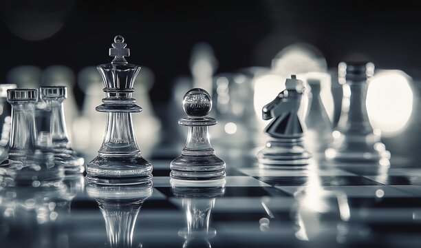 Crystal chess pieces on a glass chessboard with a blurred background. Isolated on a black background, showcasing elegance and strategy.