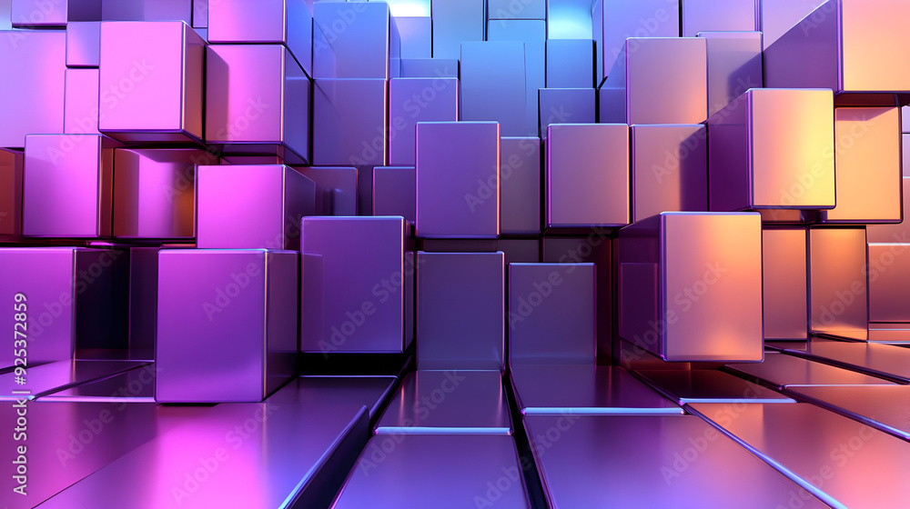 Poster a vibrant arrangement of reflective cubes in various sizes, creating a dynamic 3d effect.