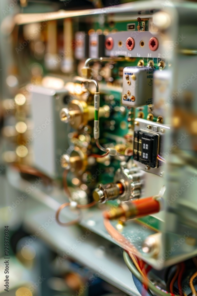 Poster high-frequency communication technology: close-up of microwave signal transmitter and receiver compo