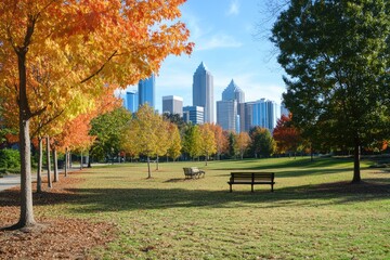 Obraz premium Nc Charlotte. Downtown Charlotte City Skyline with Autumn Colors from Marshall Park