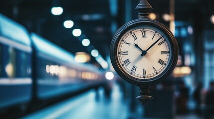 Vintage Train Station Clock with Blurred Train in the Background, Evoking a Sense of Nostalgia and Elegance, Creating a Timeless Atmosphere.