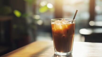Iced coffee in a tall glass with whipped cream on rustic wooden table in cozy coffee shop with sunlight filtering through window