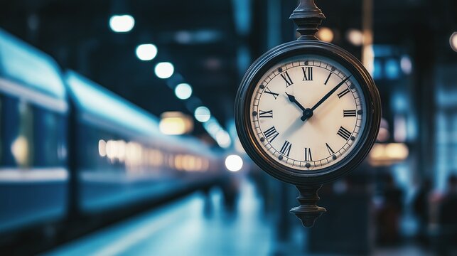 Vintage Train Station Clock with Blurred Train in the Background, Evoking a Sense of Nostalgia and Elegance, Creating a Timeless Atmosphere. - Powered by Adobe