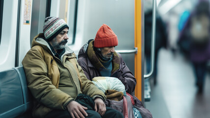 Two homeless men wearing winter clothing sit in a subway train, looking downcast. The background shows a blurry interior of the train with other passengers